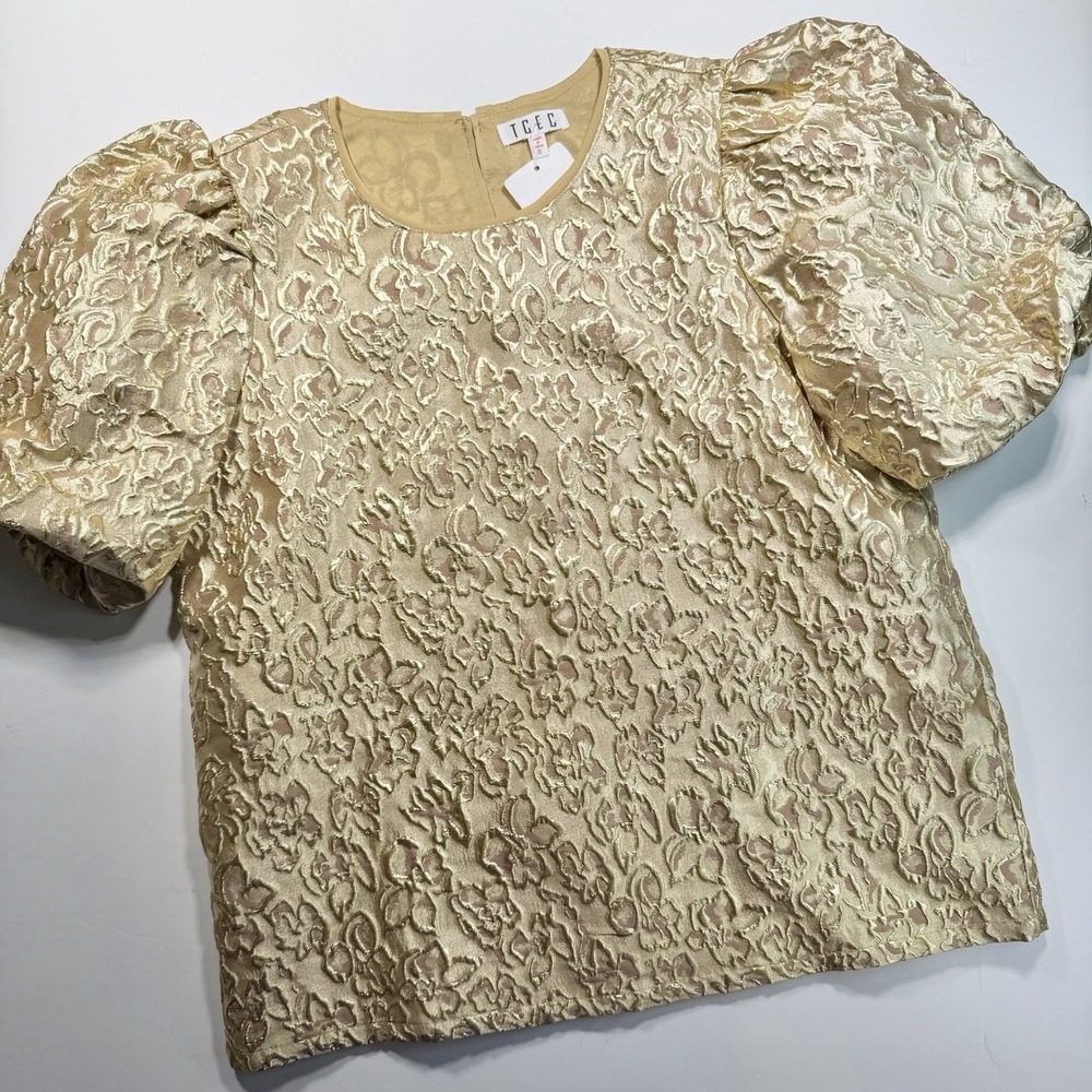 TCEC NWT Gold Puff Sleeve Floral Brocade Top Small Glam